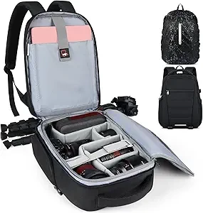 SDYSM Camera Bag Backpack Professional for DSLR SLR Mirrorless Camera Waterproof Laptop Back Pack 14 Inch with Rain Cover Anti Theft Travel Case Large Capacity Photography Backpack Black