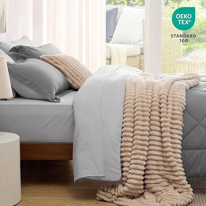 Bedsure Queen Comforter Set - 7 Pieces Reversible Grey Bedding, Queen Size Bed Set for All Seasons, Bed in a Bag with Down Alternative Comforter, Sheets, Pillowcases & Shams